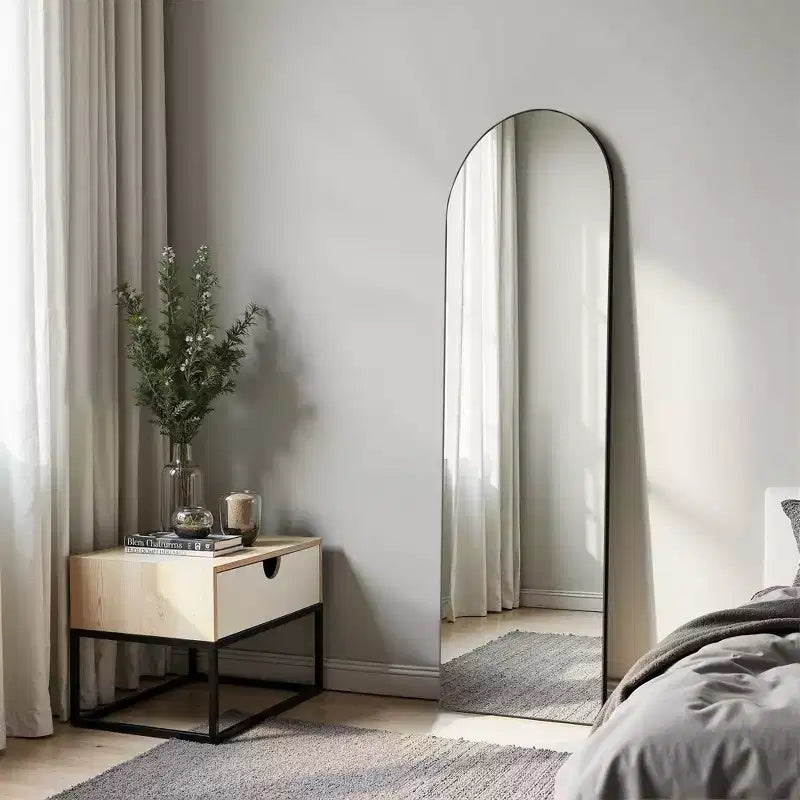 Specchio da terra ad arco a figura intera, 64 pollici, con angolo retto, specchio da parete con staffa e sottile cornice in lega di alluminio