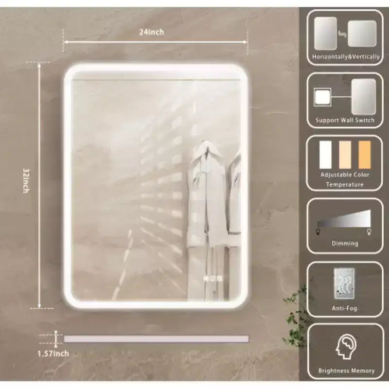 Specchio rettangolare da parete per bagno con luce LED, dimmerabile e antiappannamento, 24 X 32