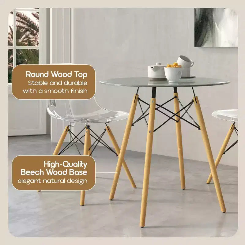 Tavolo rotondo da bistrot da 31 pollici - tavolo da pranzo moderno di metà secolo con piano in vetro temperato o MDF e base Eiffel in legno naturale