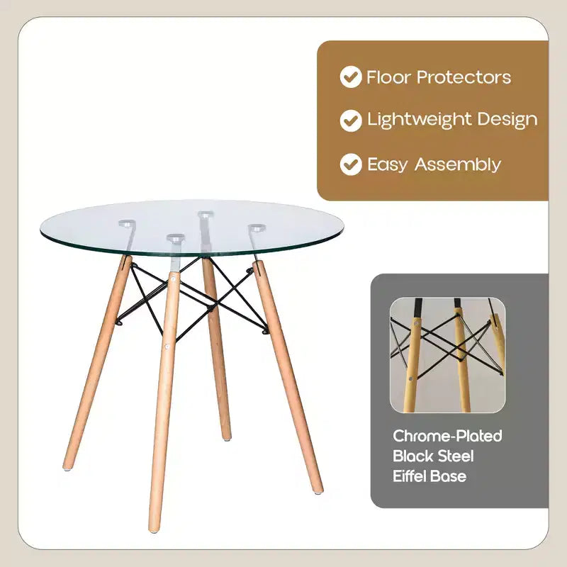 Tavolo rotondo da bistrot da 31 pollici - tavolo da pranzo moderno di metà secolo con piano in vetro temperato o MDF e base Eiffel in legno naturale