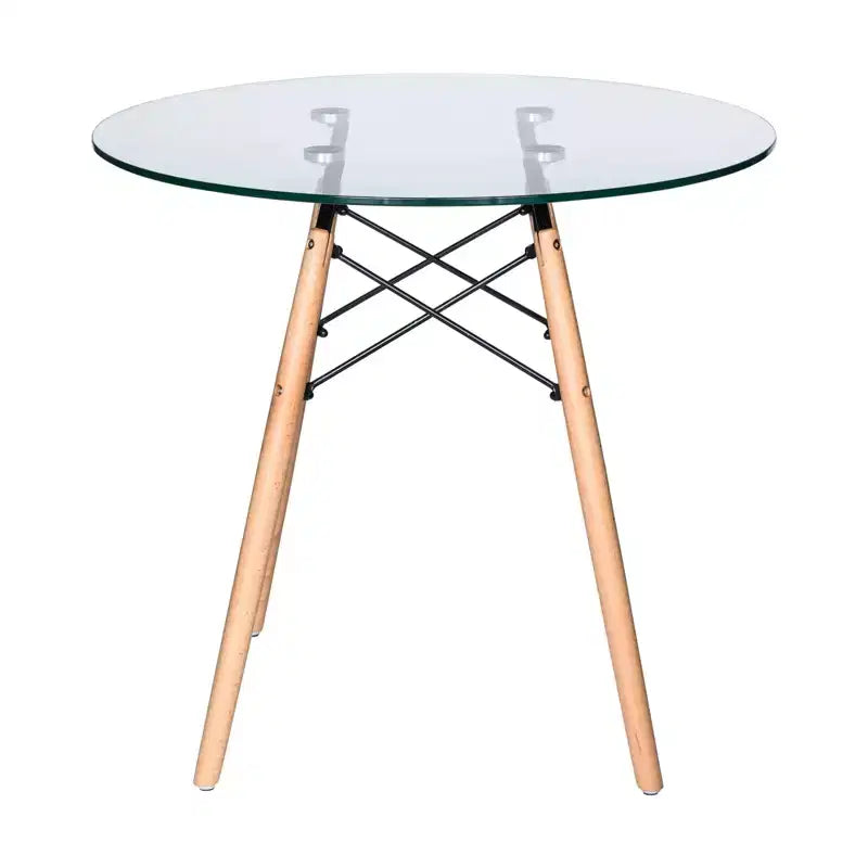 Tavolo rotondo da bistrot da 31 pollici - tavolo da pranzo moderno di metà secolo con piano in vetro temperato o MDF e base Eiffel in legno naturale