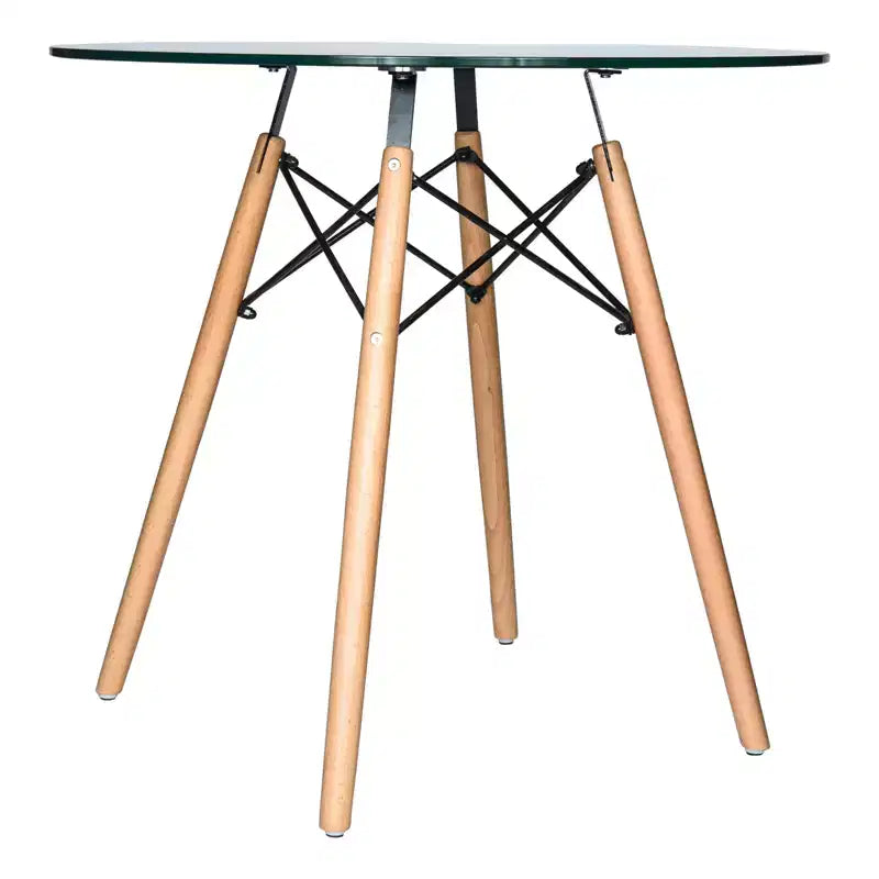 Tavolo rotondo da bistrot da 31 pollici - tavolo da pranzo moderno di metà secolo con piano in vetro temperato o MDF e base Eiffel in legno naturale