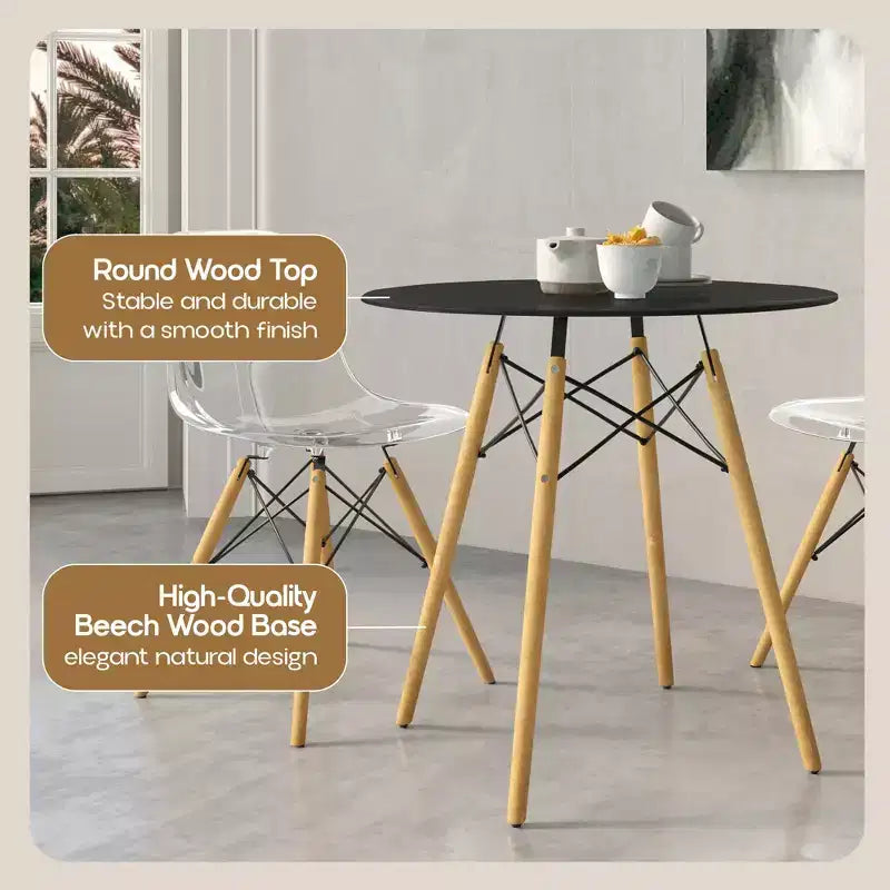 Tavolo rotondo da bistrot da 31 pollici - tavolo da pranzo moderno di metà secolo con piano in vetro temperato o MDF e base Eiffel in legno naturale