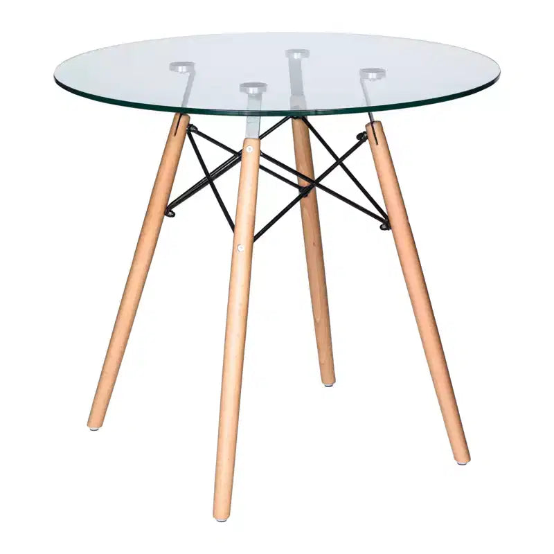 Tavolo rotondo da bistrot da 31 pollici - tavolo da pranzo moderno di metà secolo con piano in vetro temperato o MDF e base Eiffel in legno naturale