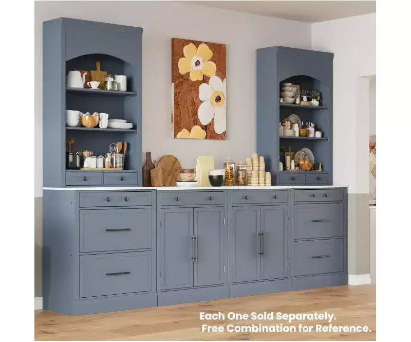 Dispensa da cucina, mobile indipendente con piano effetto marmo, credenza con 5 cassetti e ripiano regolabile