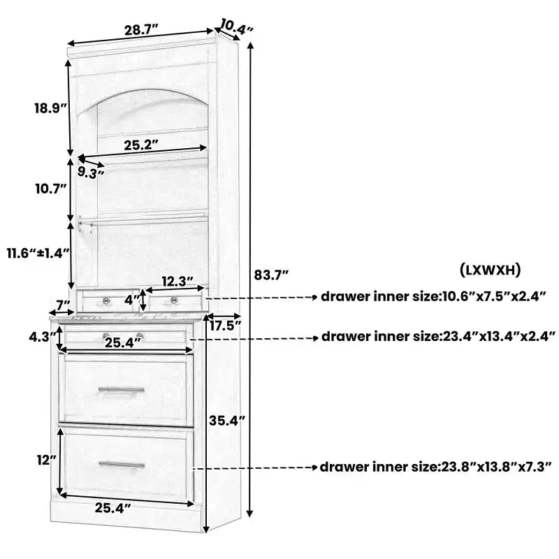 Dispensa da cucina, mobile indipendente con piano effetto marmo, credenza con 5 cassetti e ripiano regolabile