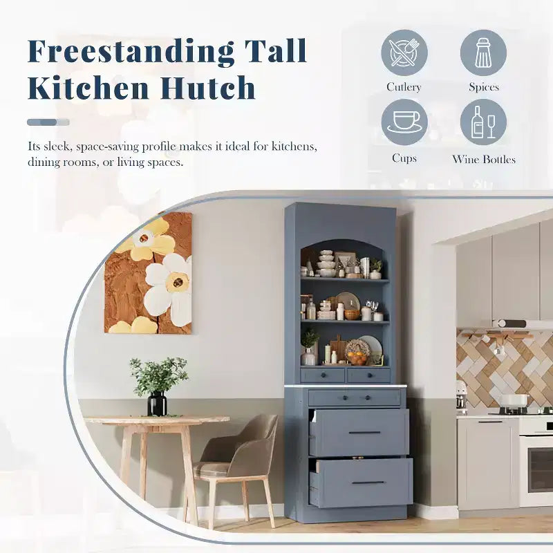 Dispensa da cucina, mobile indipendente con piano effetto marmo, credenza con 5 cassetti e ripiano regolabile