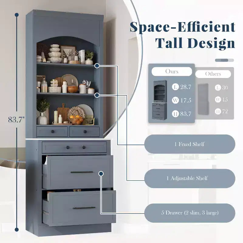 Dispensa da cucina, mobile indipendente con piano effetto marmo, credenza con 5 cassetti e ripiano regolabile