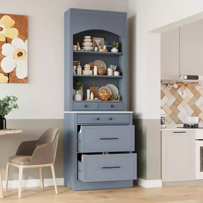 Dispensa da cucina, mobile indipendente con piano effetto marmo, credenza con 5 cassetti e ripiano regolabile