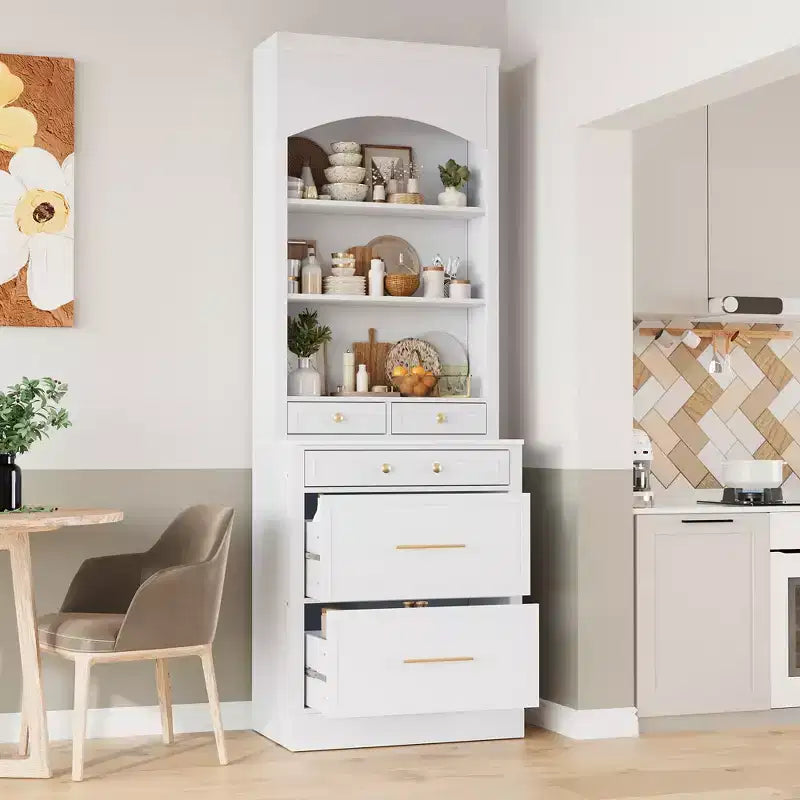 Dispensa da cucina, mobile indipendente con piano effetto marmo, credenza con 5 cassetti e ripiano regolabile