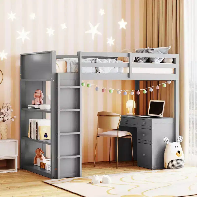 Twin/Full Size Loft Bed with Ladder, Shelves and Desk with Drawers - ModernLuxe