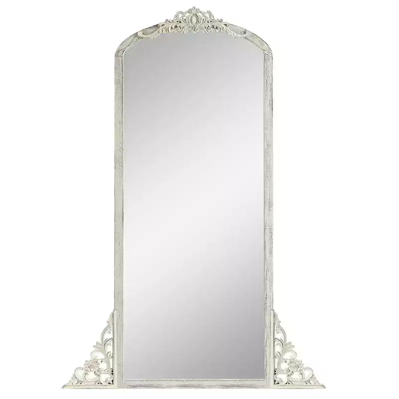 Specchio a figura intera in legno massello, intagliato a fiori, ad angolo retto e leggermente curvo, bianco anticato, 170x70x2cm (senza supporto)