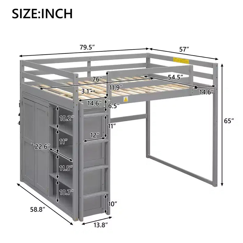 Drewniane łóżko na antresoli w rozmiarze Full o wymiarach 79.5'L  57.0'W, z wbudowaną szafą, półkami do przechowywania i oświetleniem LED