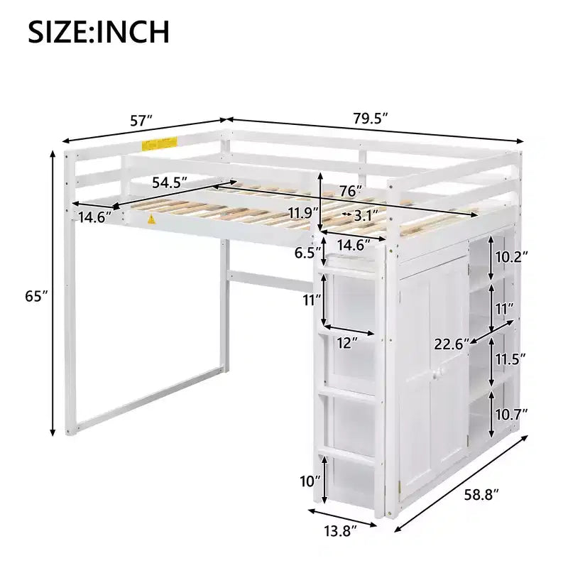 Drewniane łóżko na antresoli w rozmiarze Full o wymiarach 79.5'L  57.0'W, z wbudowaną szafą, półkami do przechowywania i oświetleniem LED