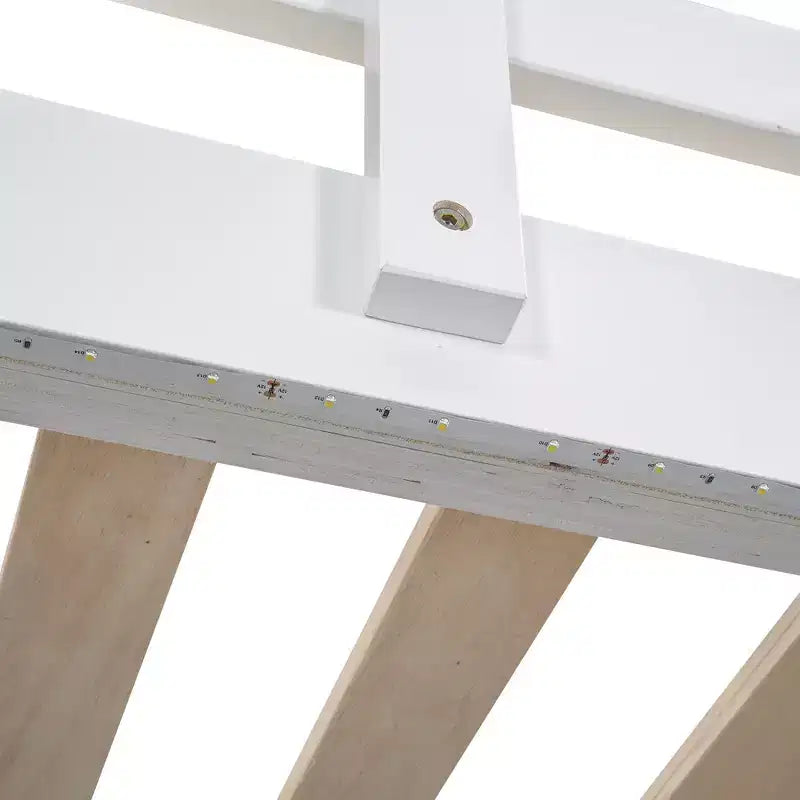 Drewniane łóżko na antresoli w rozmiarze Full o wymiarach 79.5'L  57.0'W, z wbudowaną szafą, półkami do przechowywania i oświetleniem LED