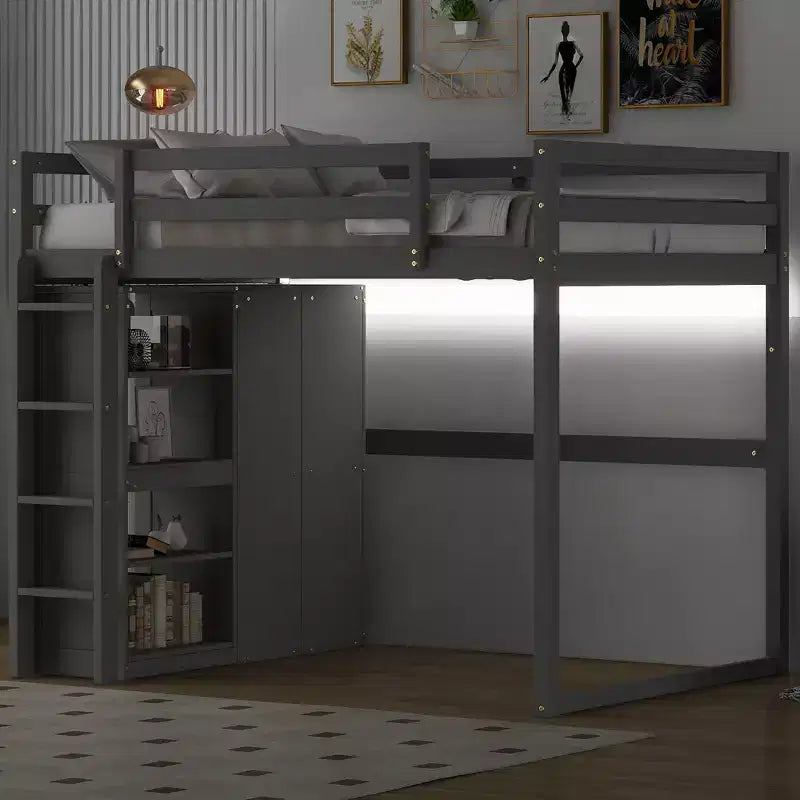 Drewniane łóżko na antresoli w rozmiarze Full o wymiarach 79.5'L  57.0'W, z wbudowaną szafą, półkami do przechowywania i oświetleniem LED