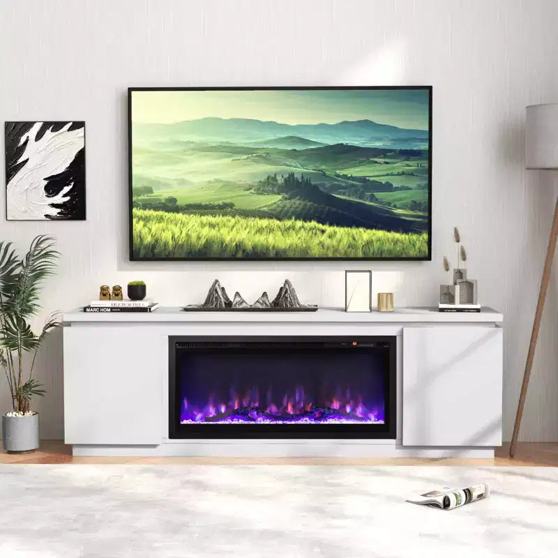 Mobile TV con camino per TV fino a 80, con camino elettrico, 3 ripiani regolabili, nero/bianco