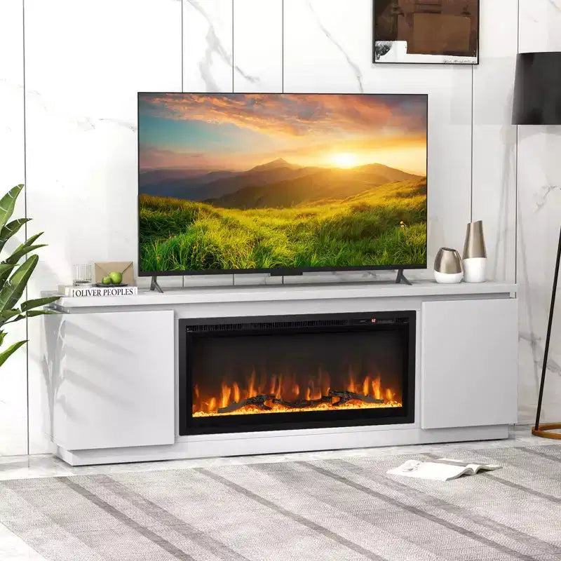 Mobile TV con camino per TV fino a 80, con camino elettrico, 3 ripiani regolabili, nero/bianco
