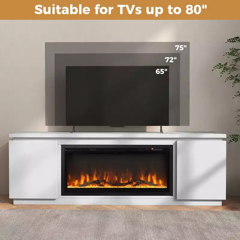 Mobile TV con camino per TV fino a 80, con camino elettrico, 3 ripiani regolabili, nero/bianco