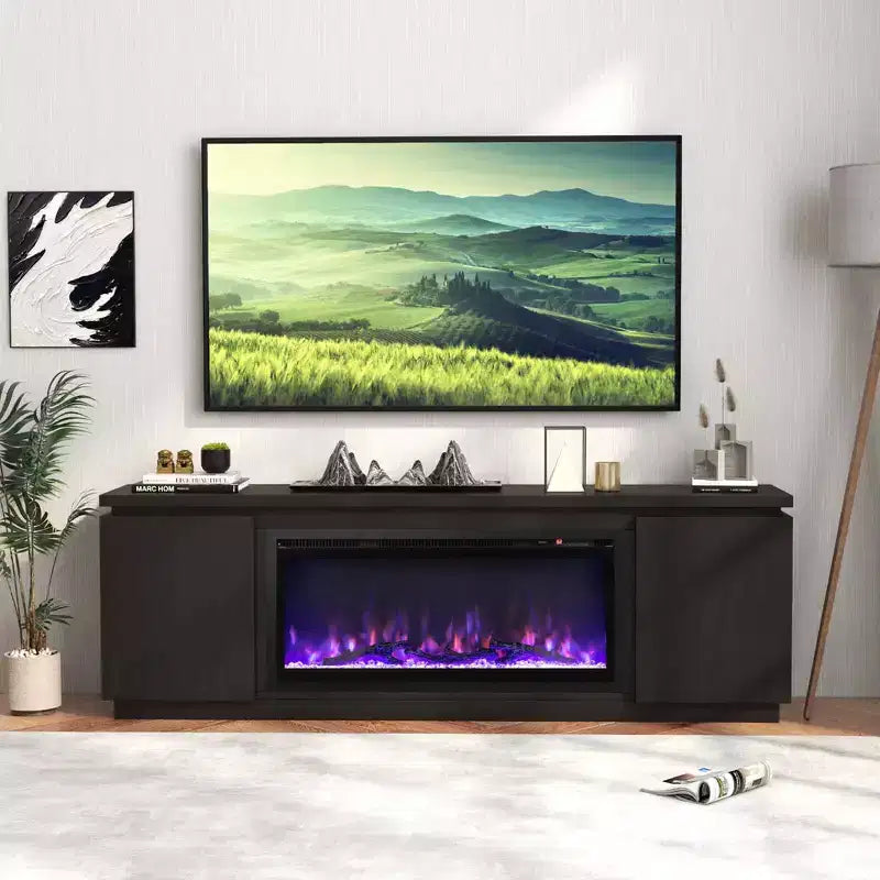 Mobile TV con camino per TV fino a 80, con camino elettrico, 3 ripiani regolabili, nero/bianco