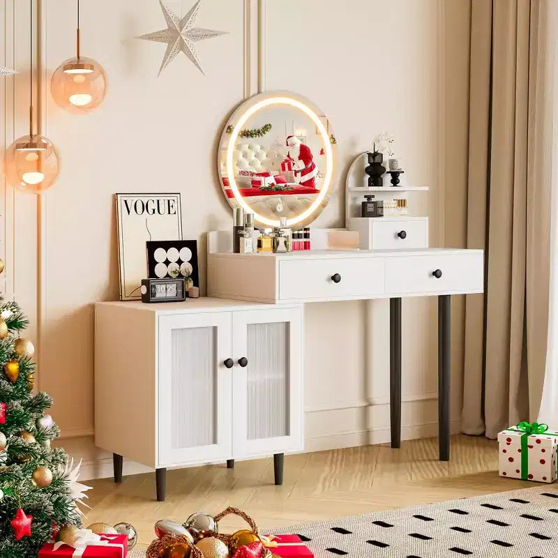 Toeletta con specchio rotondo a LED, moderna postazione trucco con presa di corrente, touchscreen LED con 3 modalità di illuminazione, luminosità regolabile, 3 cassetti - bianca