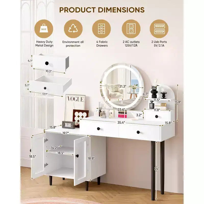 Toeletta con specchio rotondo a LED, moderna postazione trucco con presa di corrente, touchscreen LED con 3 modalità di illuminazione, luminosità regolabile, 3 cassetti - bianca