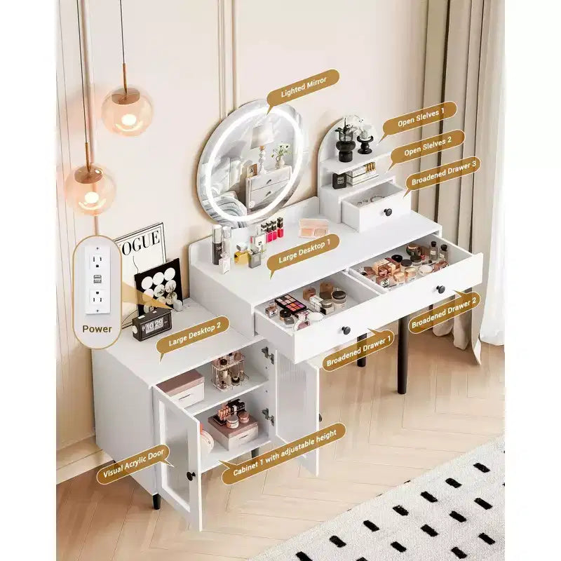 Toeletta con specchio rotondo a LED, moderna postazione trucco con presa di corrente, touchscreen LED con 3 modalità di illuminazione, luminosità regolabile, 3 cassetti - bianca