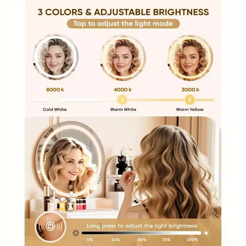 Toeletta con specchio rotondo a LED, moderna postazione trucco con presa di corrente, touchscreen LED con 3 modalità di illuminazione, luminosità regolabile, 3 cassetti - bianca