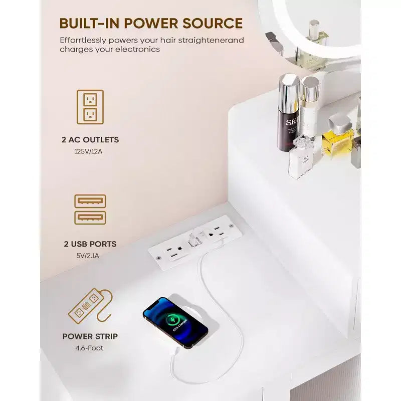 Toeletta con specchio rotondo a LED, moderna postazione trucco con presa di corrente, touchscreen LED con 3 modalità di illuminazione, luminosità regolabile, 3 cassetti - bianca