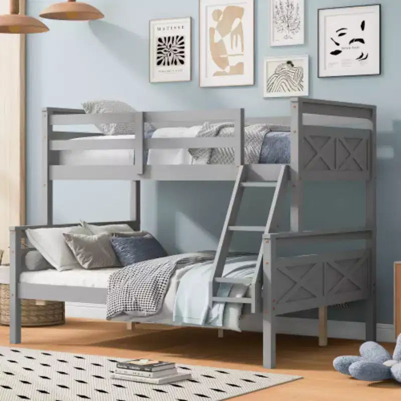 Twin over Full Bunk Bed with ladder, Safety Guardrail, Perfect for Bedroom, Gray