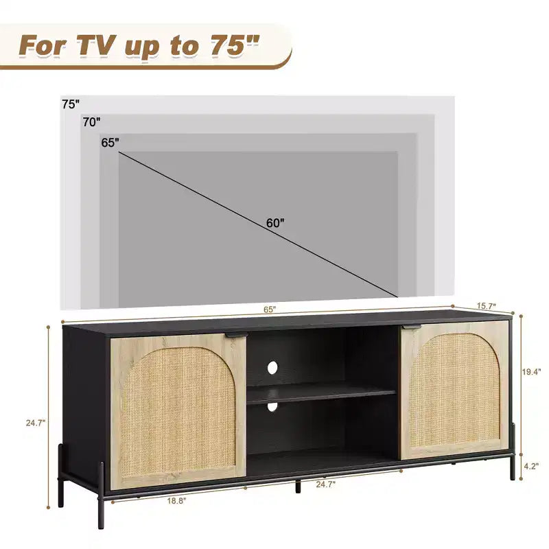 Mobile TV in rattan per TV da 75 pollici, centro multimediale con contenitore, mobile TV da 65 pollici per soggiorno e camera da letto
