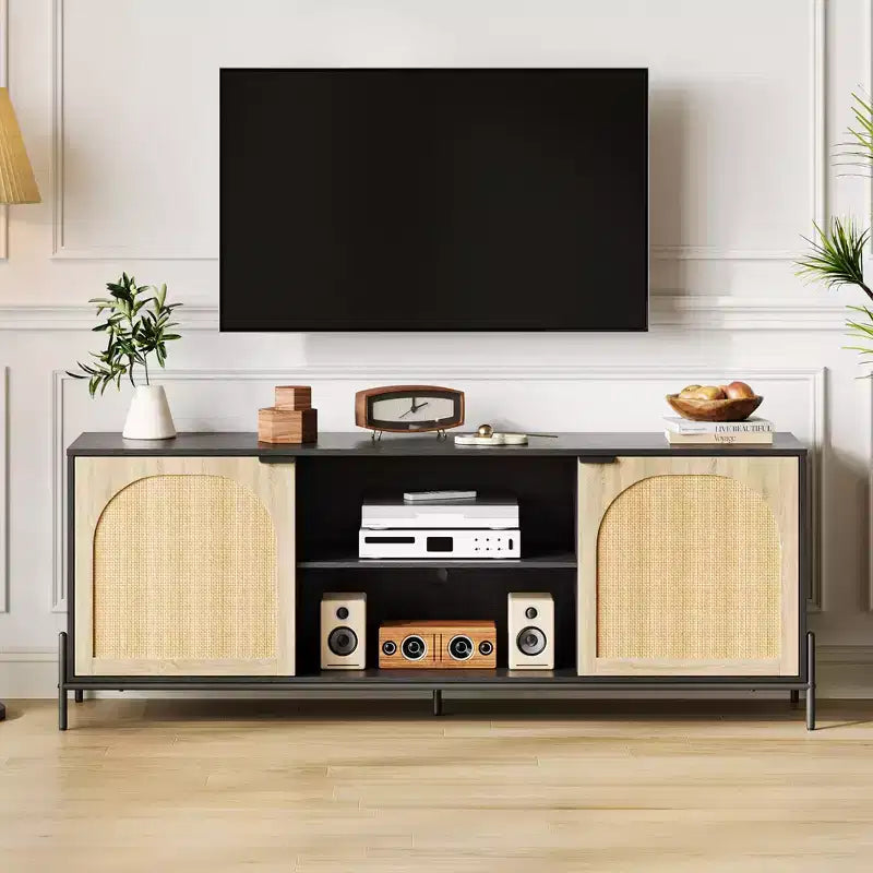 Mobile TV in rattan per TV da 75 pollici, centro multimediale con contenitore, mobile TV da 65 pollici per soggiorno e camera da letto
