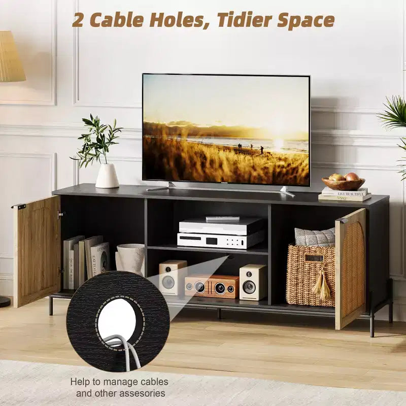 Mobile TV in rattan per TV da 75 pollici, centro multimediale con contenitore, mobile TV da 65 pollici per soggiorno e camera da letto