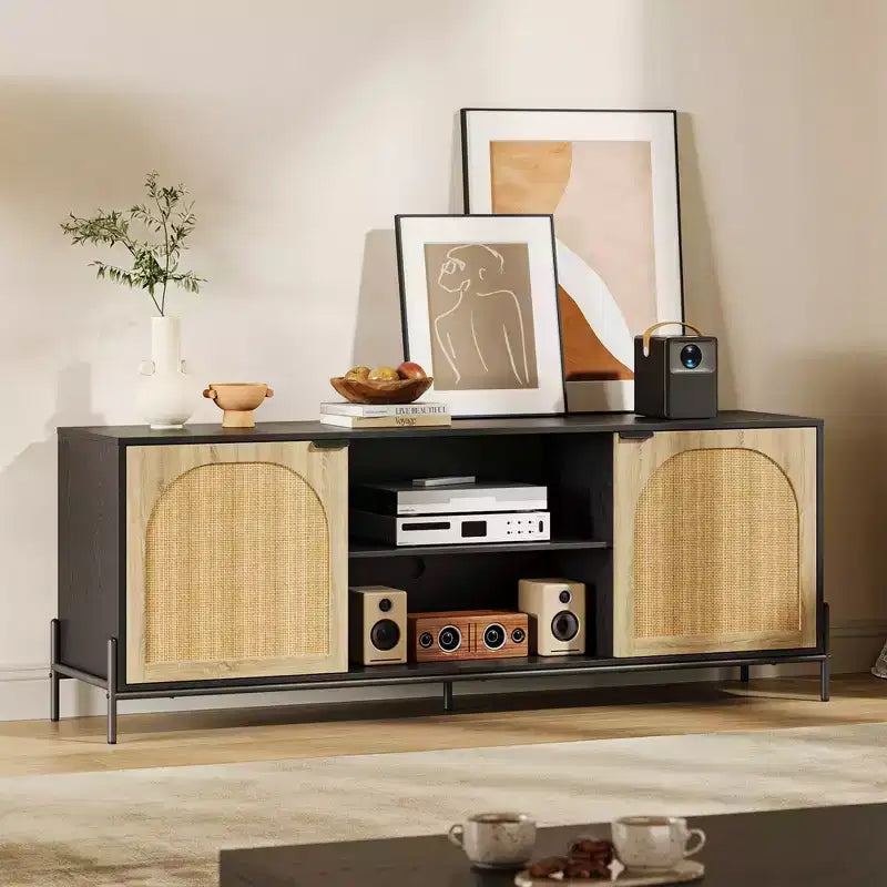 Mobile TV in rattan per TV da 75 pollici, centro multimediale con contenitore, mobile TV da 65 pollici per soggiorno e camera da letto