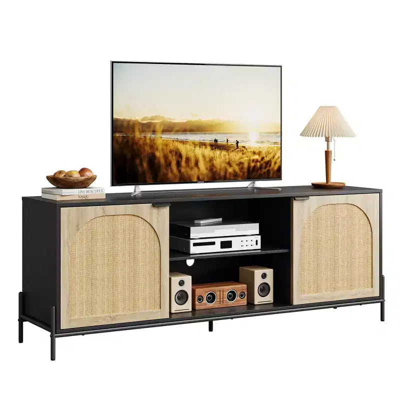 Mobile TV in rattan per TV da 75 pollici, centro multimediale con contenitore, mobile TV da 65 pollici per soggiorno e camera da letto