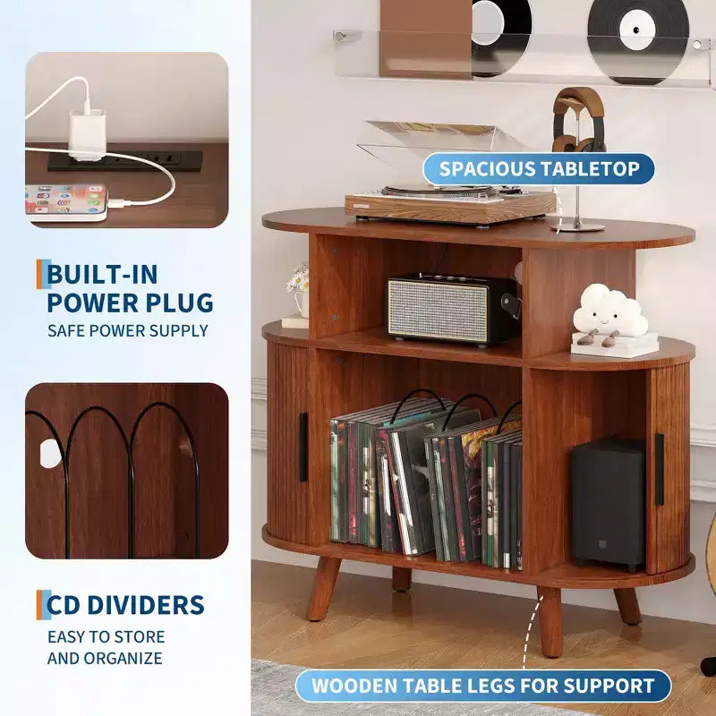 Mobile porta giradischi moderno di metà secolo, mensola in legno per giradischi, mobile aperto per vinili, per soggiorno e camera da letto