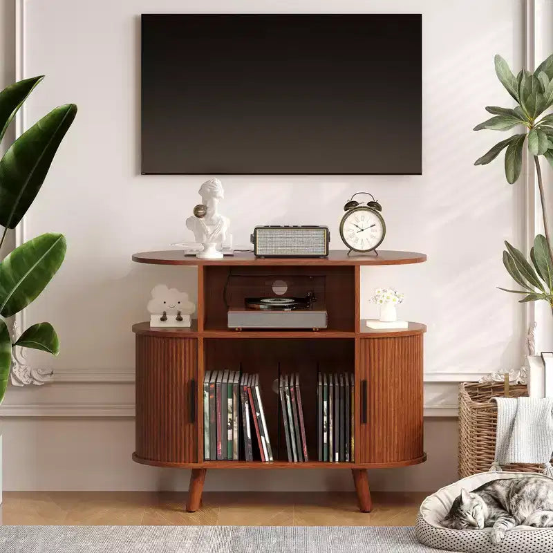 Mobile porta giradischi moderno di metà secolo, mensola in legno per giradischi, mobile aperto per vinili, per soggiorno e camera da letto