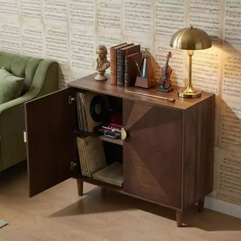 Credenza in legno in stile vintage da 39.4, mobile contenitore in noce con ante decorative sfumate, versatile per soggiorno e sala da pranzo