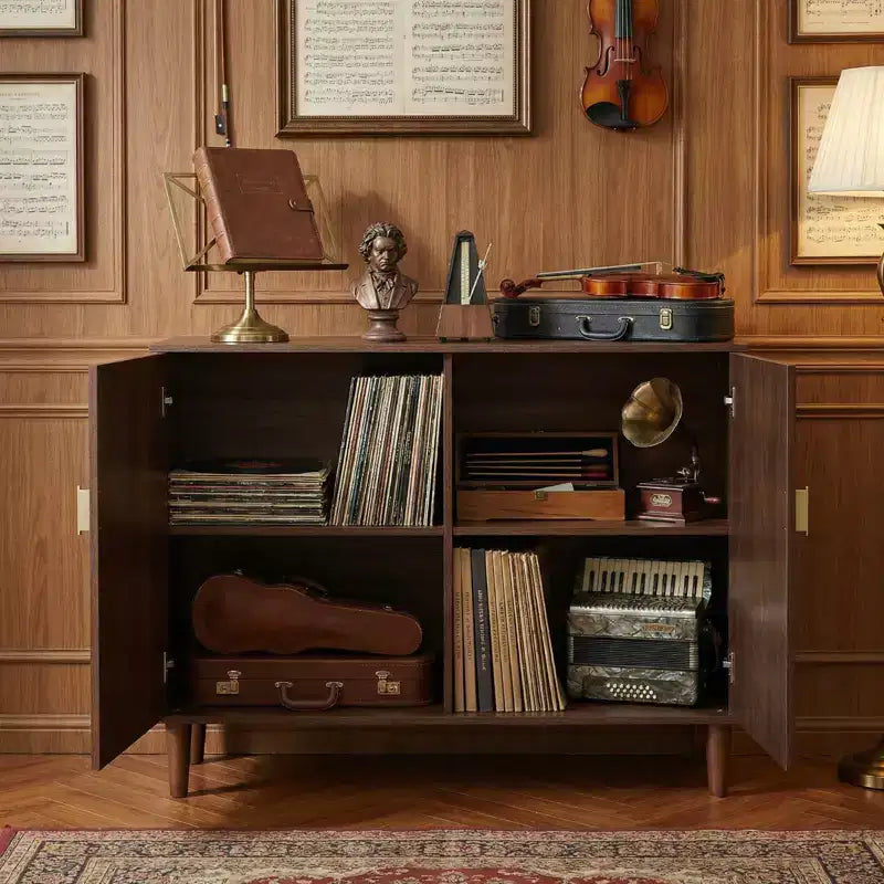 Credenza in legno in stile vintage da 39.4, mobile contenitore in noce con ante decorative sfumate, versatile per soggiorno e sala da pranzo