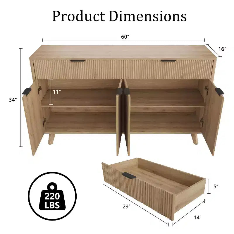 Credenza contenitore da 60' con 2 cassetti e 4 ante ondulate, ripiani regolabili, mobile contenitore per sala da pranzo, soggiorno o cucina