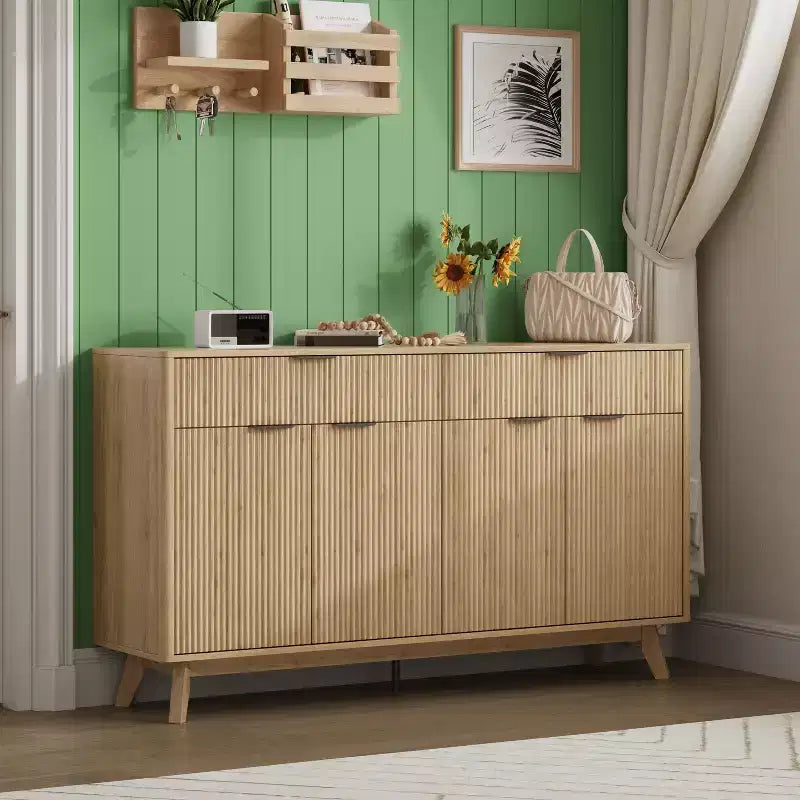 Credenza contenitore da 60' con 2 cassetti e 4 ante ondulate, ripiani regolabili, mobile contenitore per sala da pranzo, soggiorno o cucina