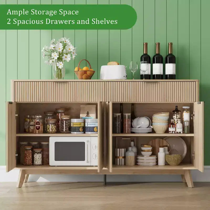 Credenza contenitore da 60' con 2 cassetti e 4 ante ondulate, ripiani regolabili, mobile contenitore per sala da pranzo, soggiorno o cucina
