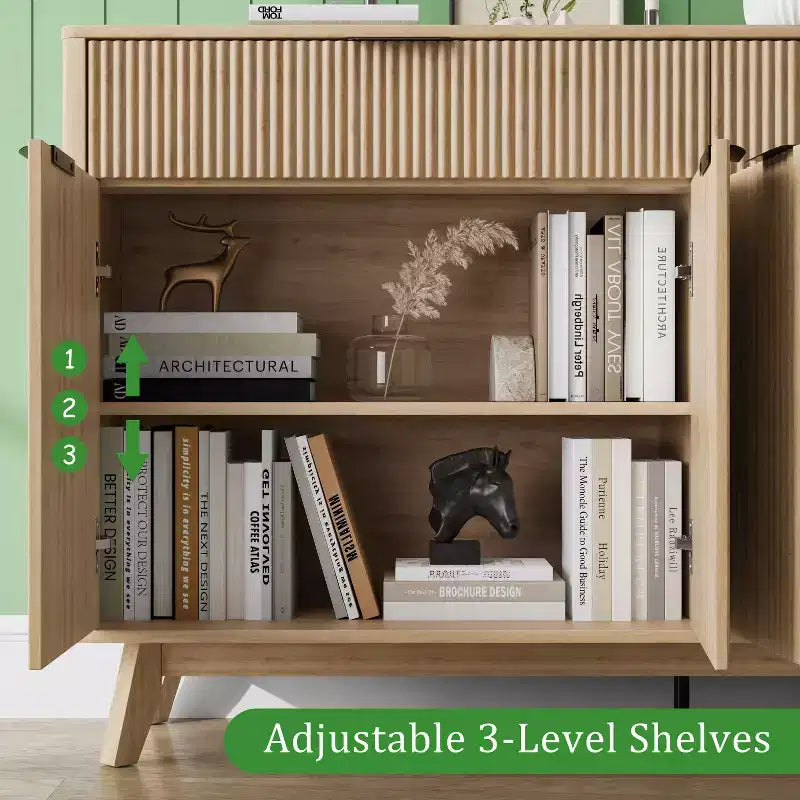 Credenza contenitore da 60' con 2 cassetti e 4 ante ondulate, ripiani regolabili, mobile contenitore per sala da pranzo, soggiorno o cucina