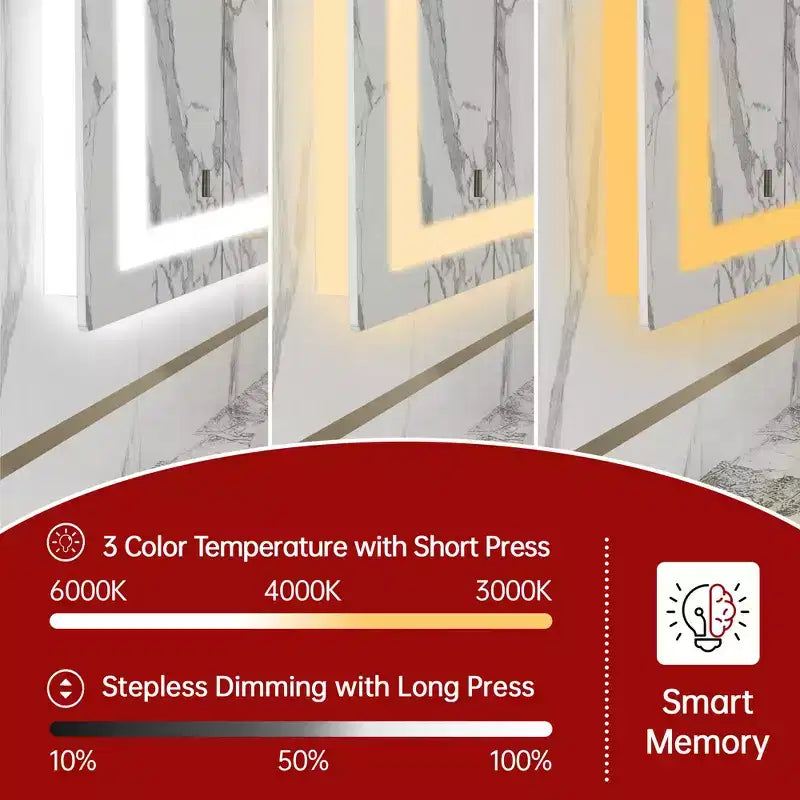 Specchio da bagno a parete con LED, 48x36, infrangibile, ETL, antiappannamento, illuminazione regolabile senza scatti