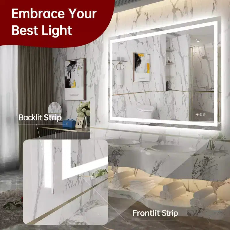 Specchio da bagno a parete con LED, 48x36, infrangibile, ETL, antiappannamento, illuminazione regolabile senza scatti