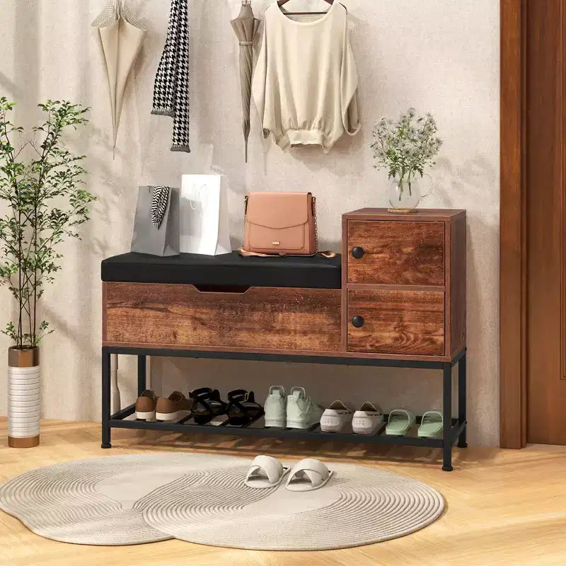 Panca da ingresso portascarpe con vano ribaltabile e 2 ante, seduta con cuscino in PVC