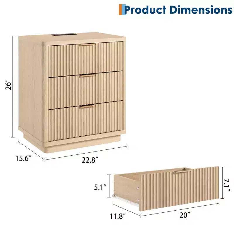 Comodino con 3 cassetti, comodino scanalato con presa elettrica, in legno chiaro con contenitore per camera da letto e soggiorno, salvaspazio