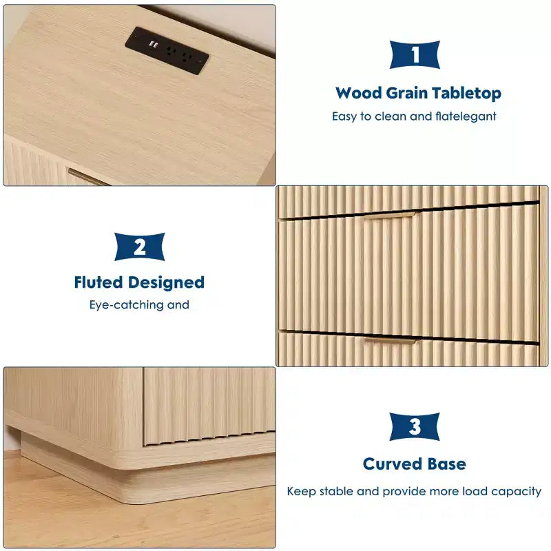 Comodino con 3 cassetti, comodino scanalato con presa elettrica, in legno chiaro con contenitore per camera da letto e soggiorno, salvaspazio