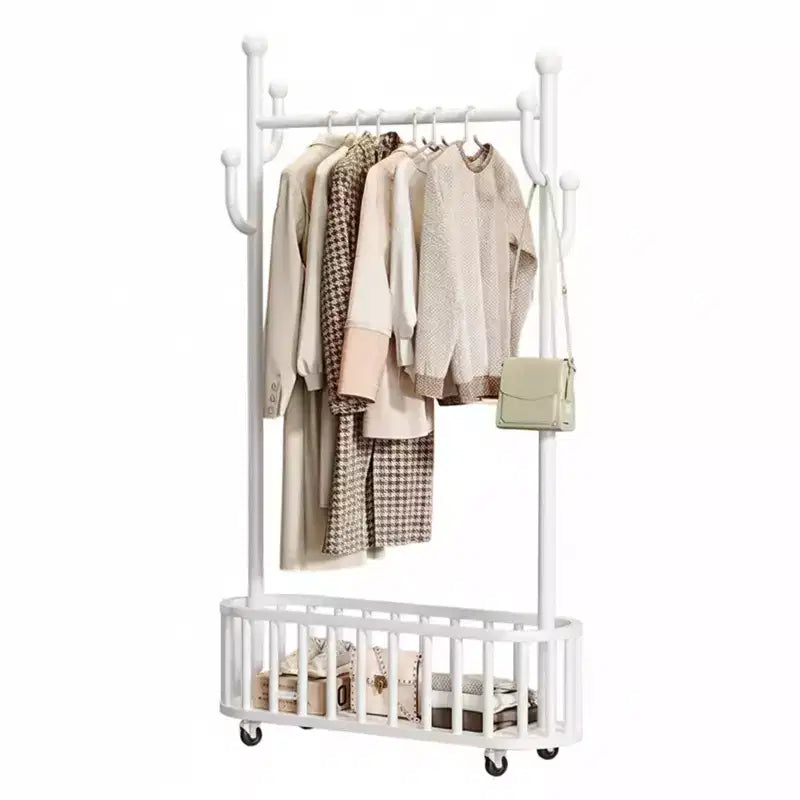 Rolling Clothing Rack with Wheels and Basket Storage, Metal Moveable Large Coat Rack Decorative Clothing Racks for Hanging Clothes