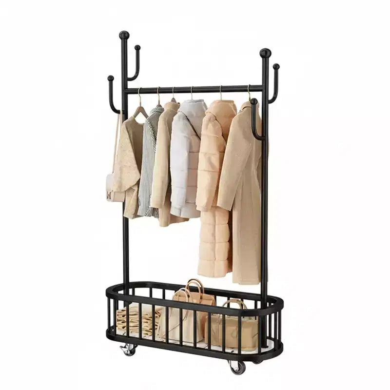 Rolling Clothing Rack with Wheels and Basket Storage, Metal Moveable Large Coat Rack Decorative Clothing Racks for Hanging Clothes